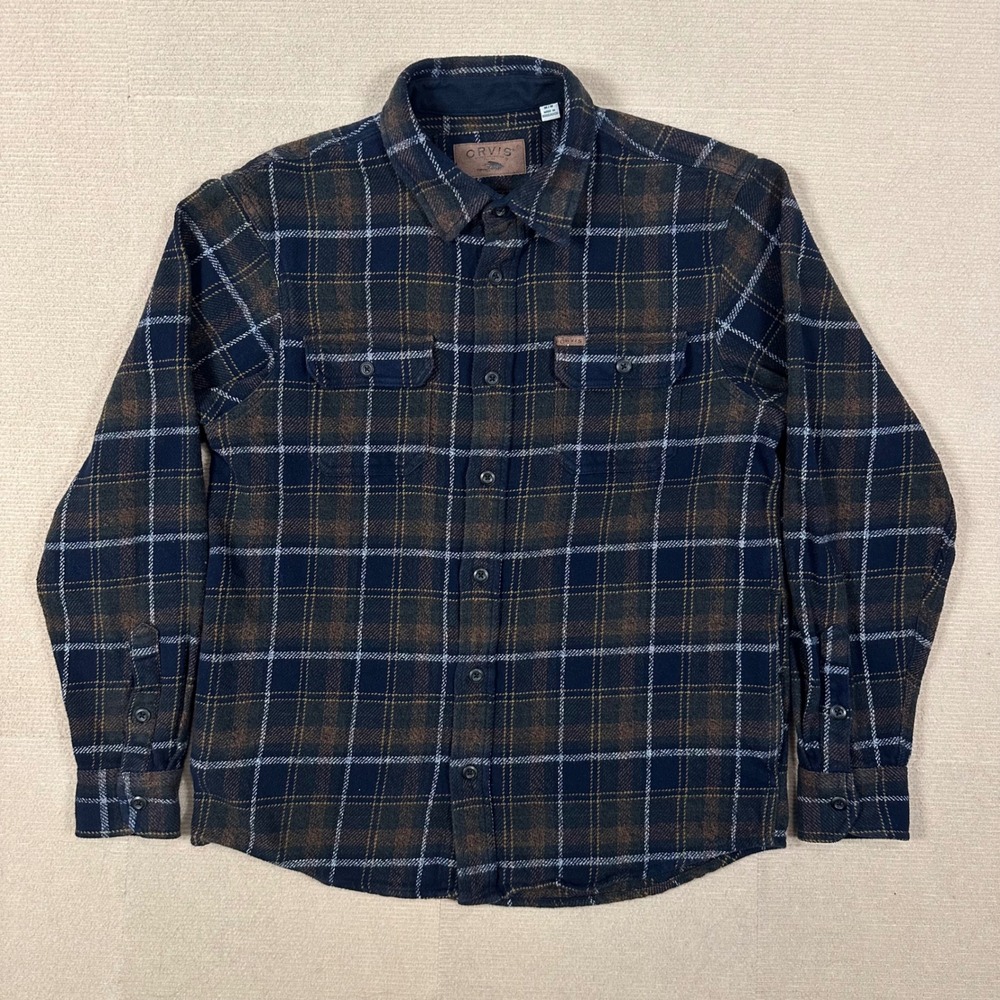 Orvis Big Bear Heaveyweight Flannel Shirt Mens M Plaid Shacket Side Pockets